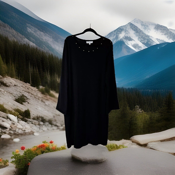 XL Harlow & Rose Pretty Black Sweater Dress Below Knee Long Open Flared Sleeves - Picture 2 of 10